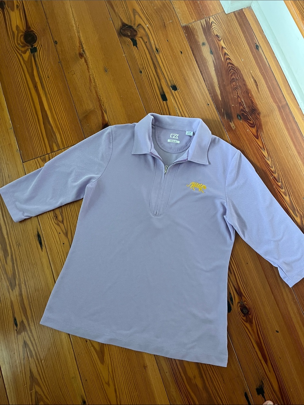 Lavender Zip Polo Top with Yellow Tiger Embroidery